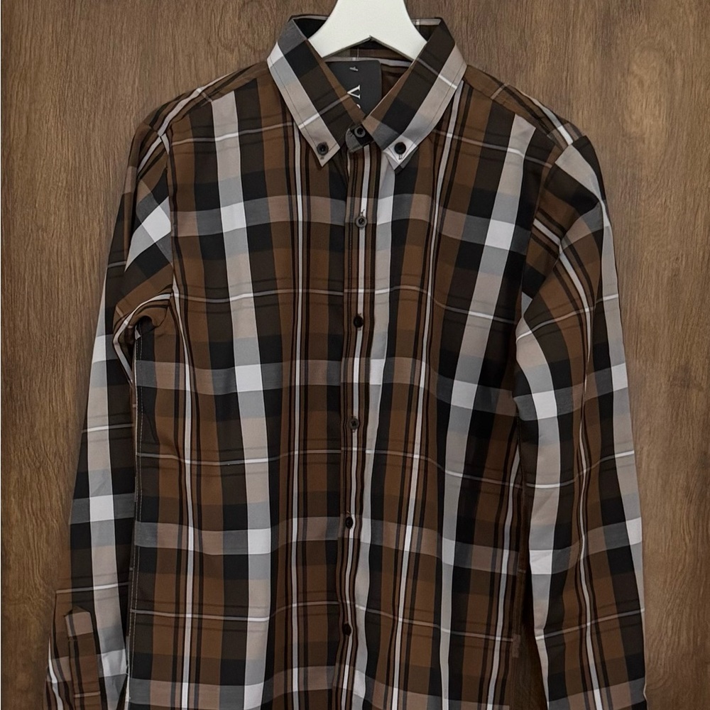 NWT VSKA plaid brown white button down shirt, size XL boys checkered western